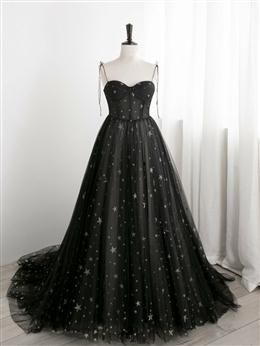 Picture of Black Color Sweetheart Tulle Straps Long Formal Dresses, Black Color Evening Party Dress